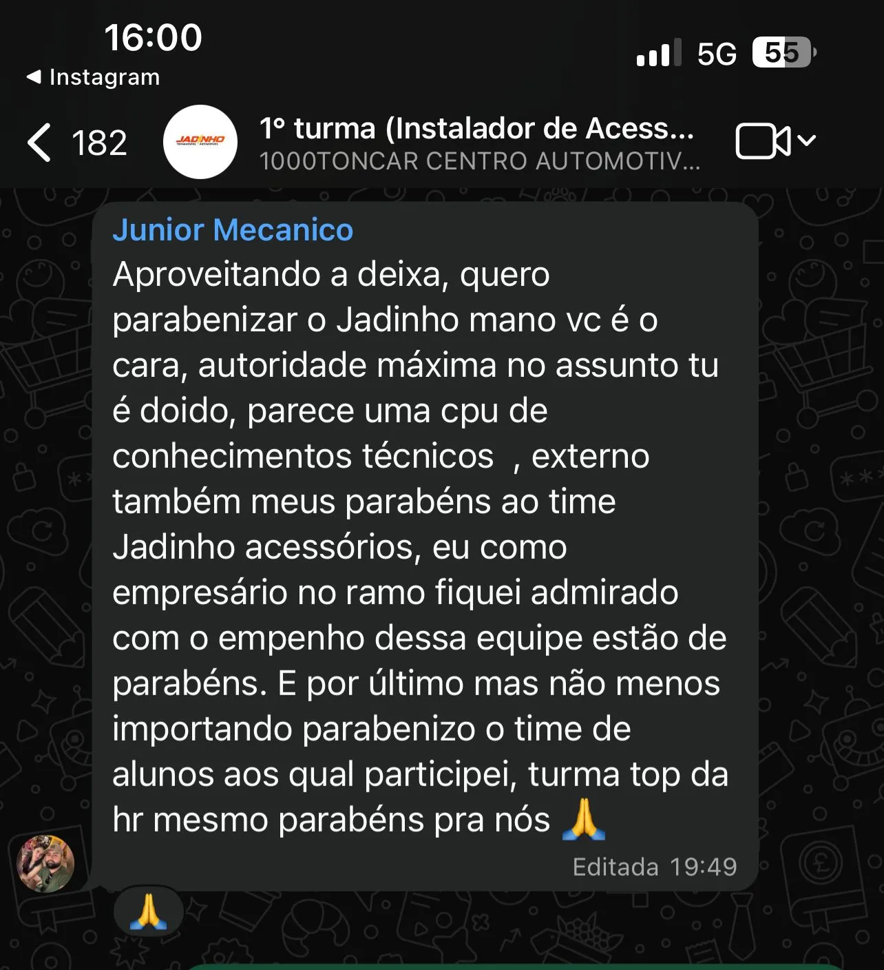 Mensagem de aluno no WhatsApp contando resultado prático